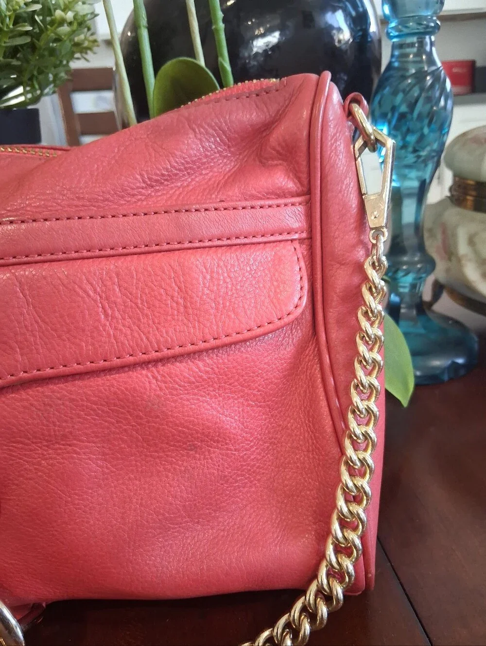 Rebecca Minkoff Coral-Red Leather Crossbody with Gold Chain